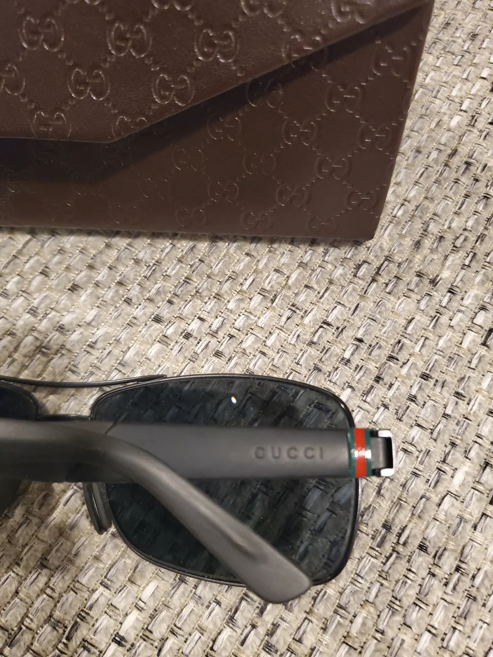 Gucci Men's Brown Leather Sunglasses Case with Black Aviator Sunglasses